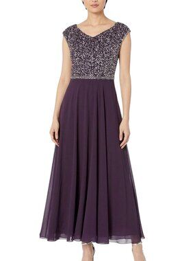 J Kara Women's Beaded Empire Waist Gown, 10P, Plum, Formal, Wedding Guest, NWT